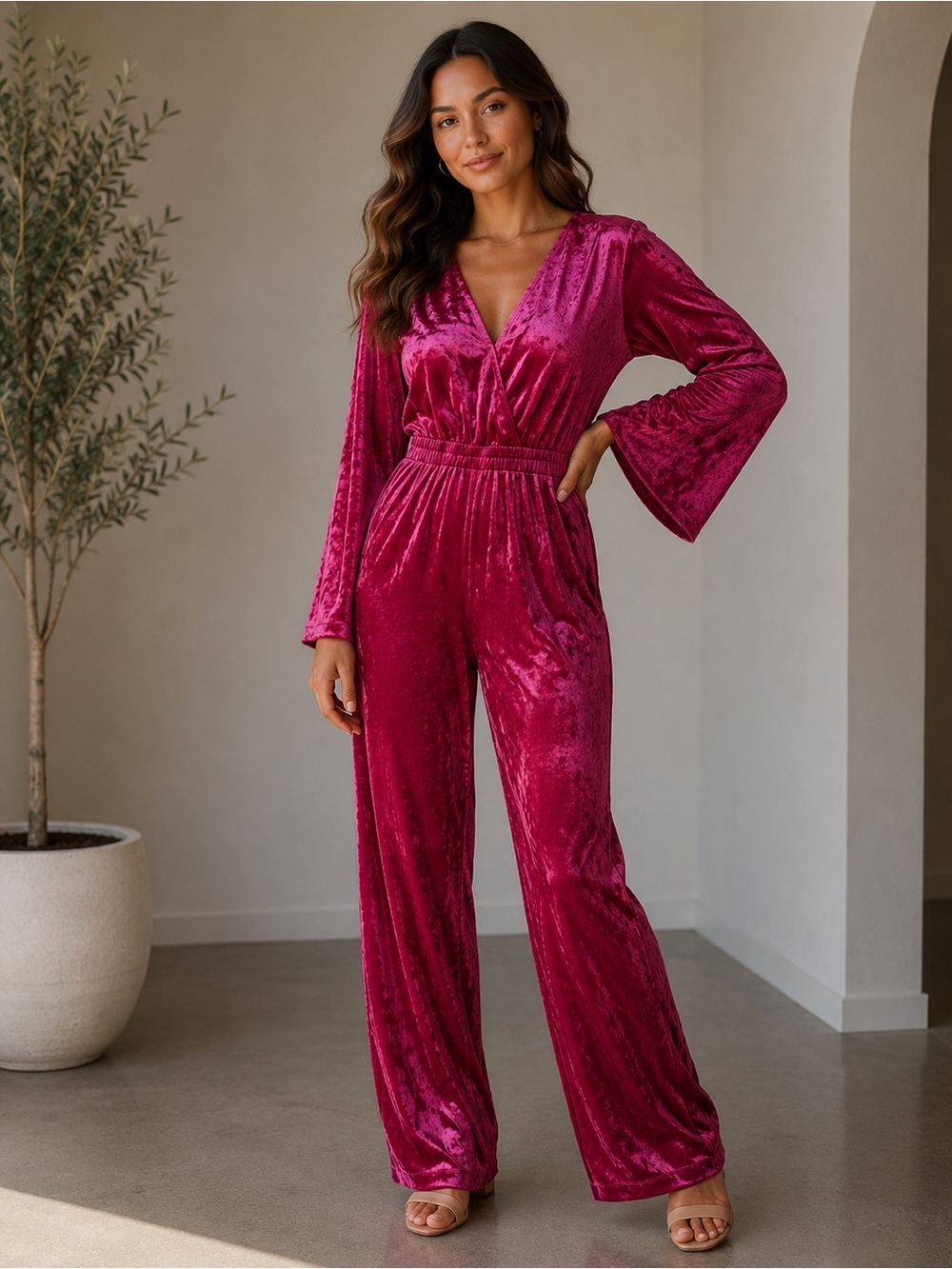 a new day Velvet Wrap Jumpsuit in Fuchsia Pink